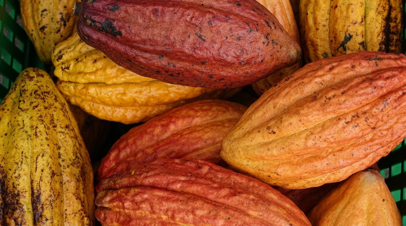 Cacao farmer holding fresh pods in an Indonesian plantation