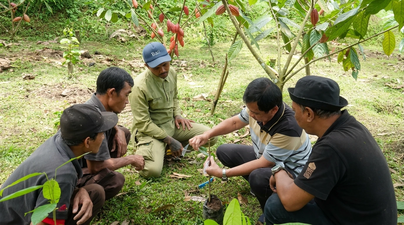 Farmer examining fermented cacao beans