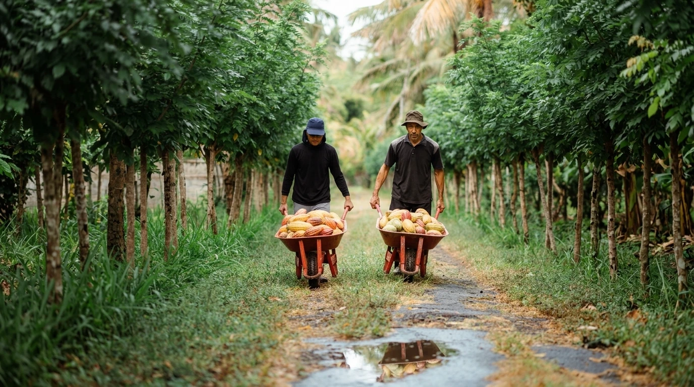 Indonesian Cacao Farmers harvesting pods